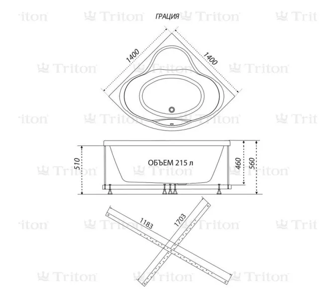 Ванна акриловая  Triton Грация  угловая 140х140, изображение 8