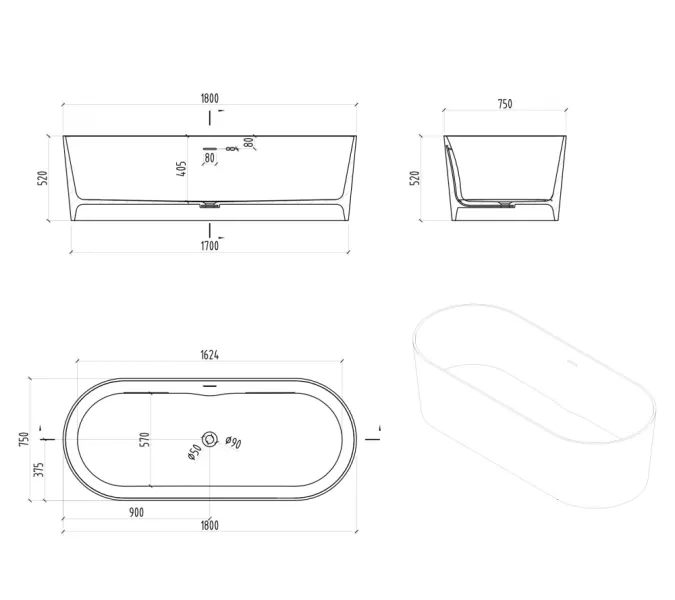 Ванна из искусственного камня ABBER Stein AS9614 белая матовая 180*75, изображение 14