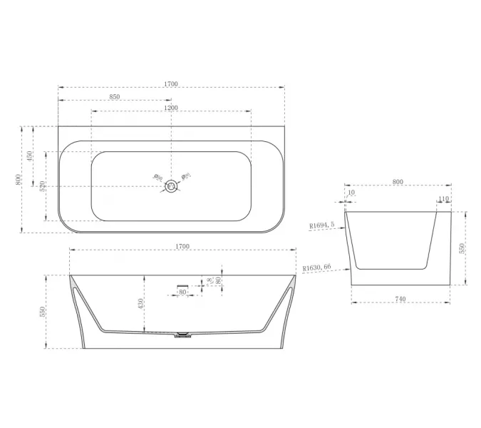 Ванна из искусственного камня ABBER Stein AS9616 белая матовая 170*80, изображение 14