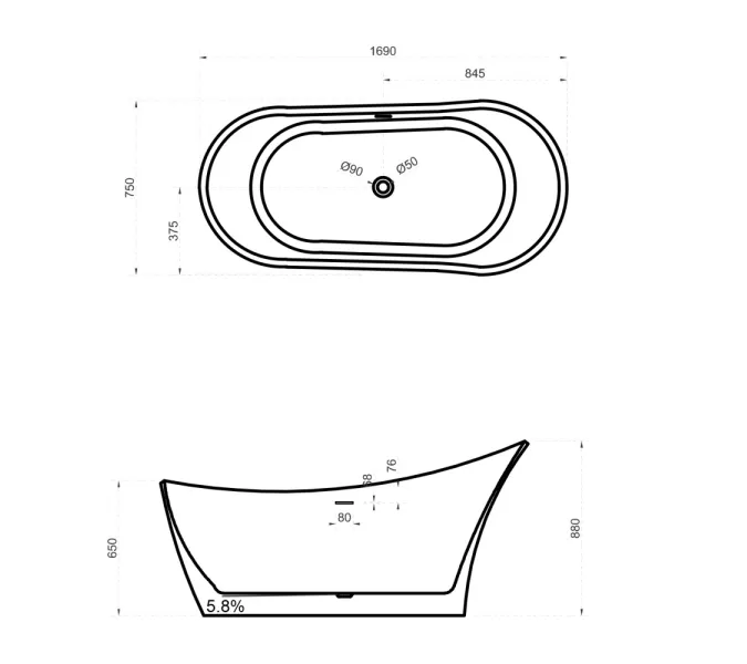 Ванна из искусственного камня ABBER Stein AS9618 белая матовая 170*75, изображение 12