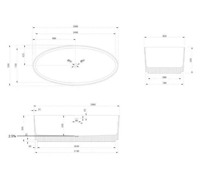 Ванна из искусственного камня ABBER Stein AS9627 белая матовая 180*85, изображение 12