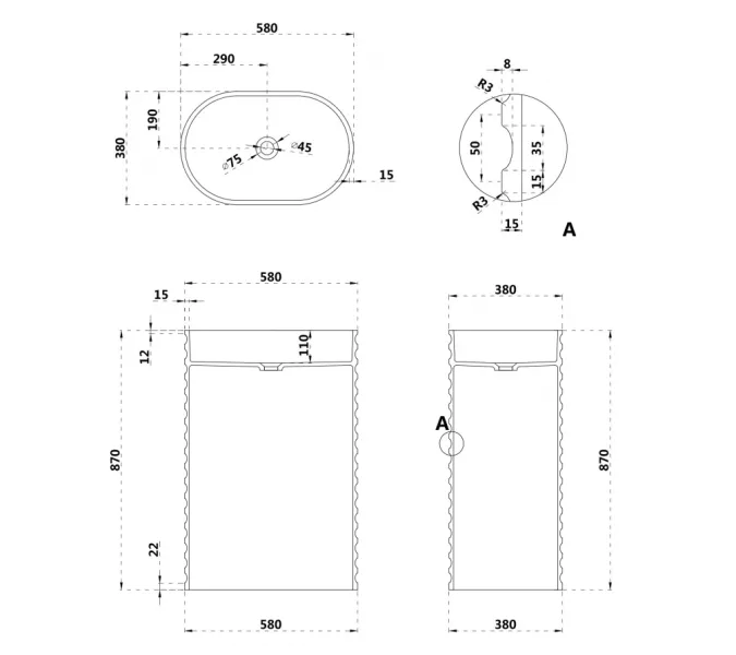 Раковина отдельностоящая ABBER Stein AS2550 белая матовая, изображение 4