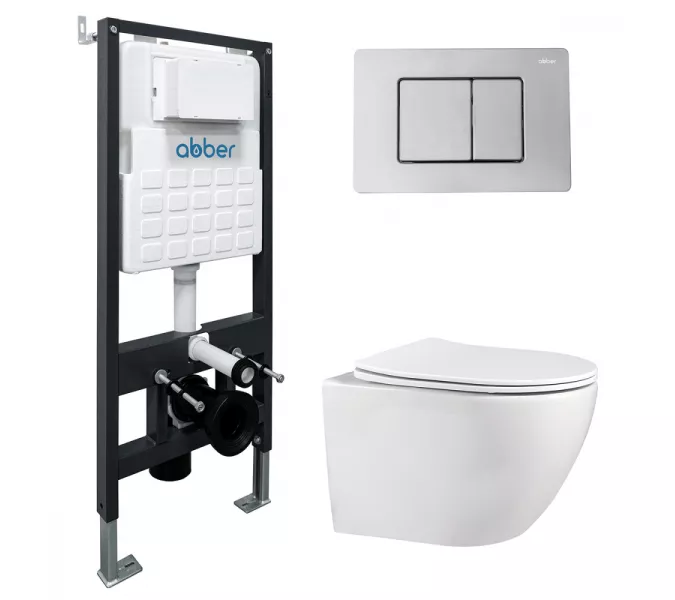 Комплект подвесной унитаз ABBER Bequem AC1100 белый с инсталляцией AC0105 и кнопкой AC0120 хром, Выбрать цвет: Белый, Внешний вид: квадратная кнопка