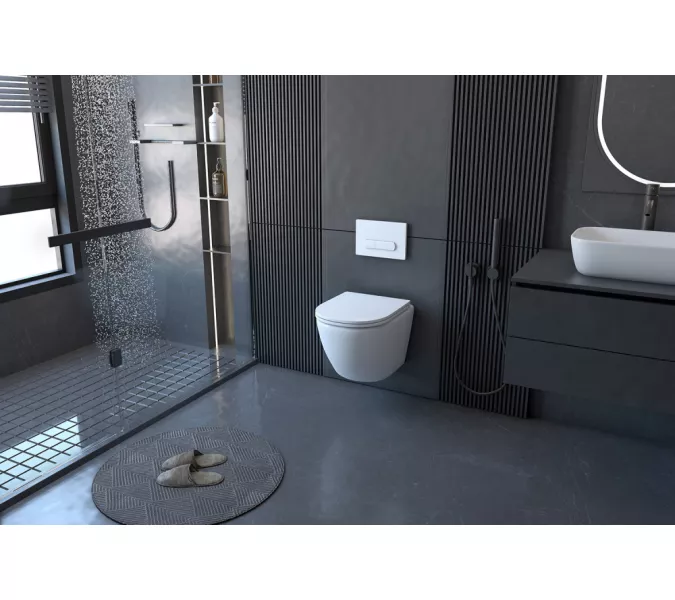 Комплект подвесной унитаз ABBER Bequem AC1100 белый с инсталляцией AC0105 и кнопкой AC0120 хром, Выбрать цвет: Белый, Внешний вид: квадратная кнопка, изображение 2