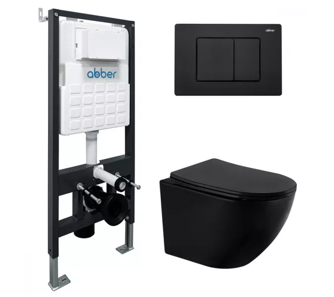 Комплект подвесной унитаз ABBER Bequem AC1100MB черный матовый с инсталляцией AC0105 и кнопкой AC0120MB черная матовая, Выбрать цвет: Чёрный, Внешний вид: квадратная кнопка