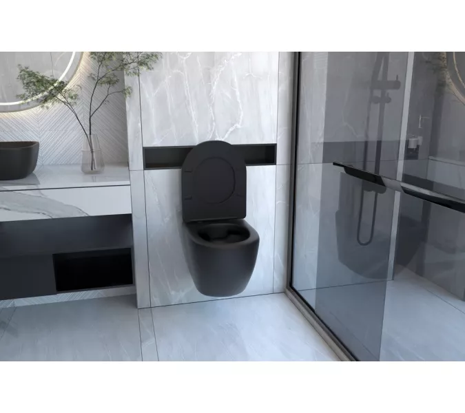 Комплект подвесной унитаз ABBER Bequem AC1100MB черный матовый с инсталляцией AC0105 и кнопкой AC0120MB черная матовая, Выбрать цвет: Чёрный, Внешний вид: квадратная кнопка, изображение 3