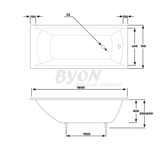 ВАННА чугунная BYON "MILAN", Выбрать размер: 180*75, изображение 5