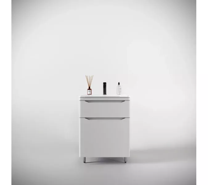 Тумба напольная с раковиной "Марелла " (2 ящ.) Люкс антискрейтч белый матовый, PLUS, Выбрать цвет: Белый матовый, Выбрать размер: 60
