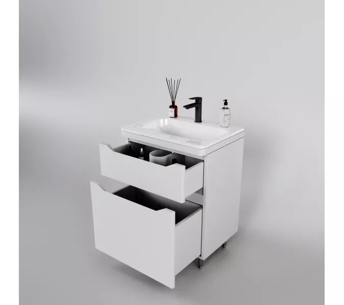 Тумба напольная с раковиной "Марелла " (2 ящ.) Люкс антискрейтч белый матовый, PLUS, Выбрать цвет: Белый матовый, Выбрать размер: 60, изображение 2