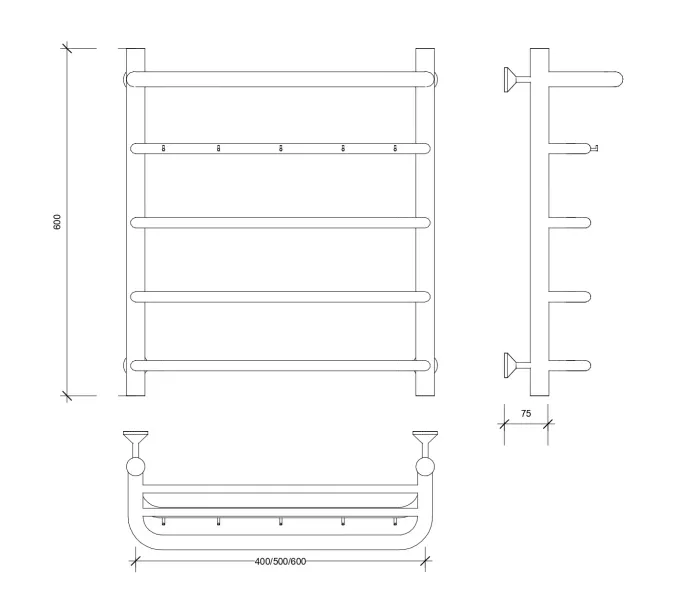 Полотенцесушитель Secado Мерида 1 КСП с крючками и полочкой, водяной, хром, Выбрать размер: 40х60, изображение 2