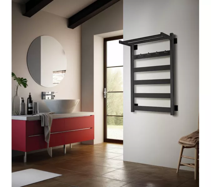 Полотенцесушитель Secado Комано 1 КСП, с крючками и полочкой, водяной, ЧЕРНЫЙ МАТОВЫЙ, Выбрать цвет: Черный, Выбрать размер: 40х60, изображение 2