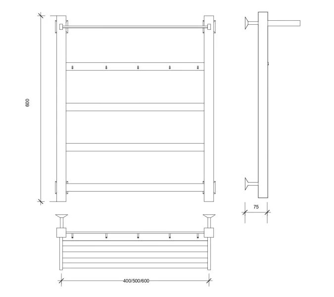 Полотенцесушитель Secado Корсико 1 КСП, с крючками и полочкой, водяной, ЧЕРНЫЙ МАТОВЫЙ, Выбрать цвет: Черный, Выбрать размер: 40х60, изображение 3