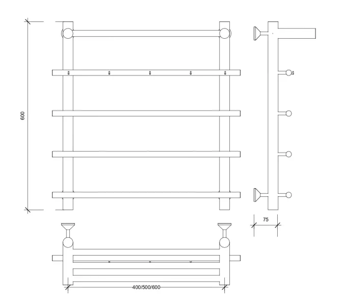 Полотенцесушитель Secado Турин 1 КСП, с крючками и полочкой, водяной, хром, Выбрать размер: 50х60, изображение 6