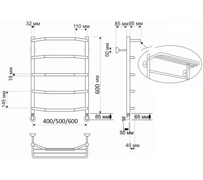 Полотенцесушитель латунный Secado Агата 3 , с полочкой, водяной, бронза, Выбрать размер: 40х60, изображение 3