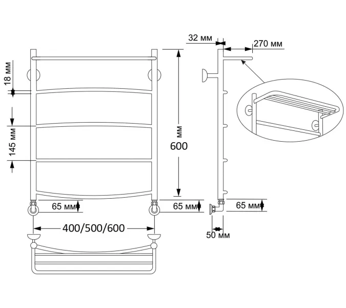 Полотенцесушитель латунный Secado Милан 4 с полочкой, водяной, бронза, Выбрать размер: 40х60, изображение 2