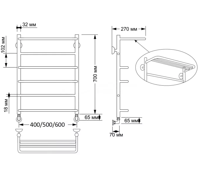 Полотенцесушитель латунный Secado Верона 2 , с полочкой , водяной, бронза, Выбрать размер: 40х60, изображение 4