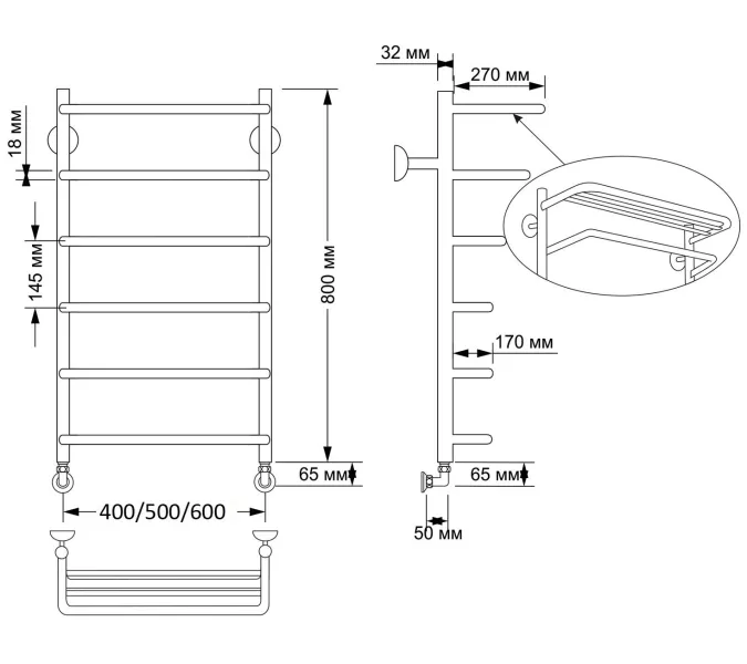 Полотенцесушитель латунный Secado Мерида 2 с полочкой , водяной, бронза, Выбрать размер: 40х80, изображение 3