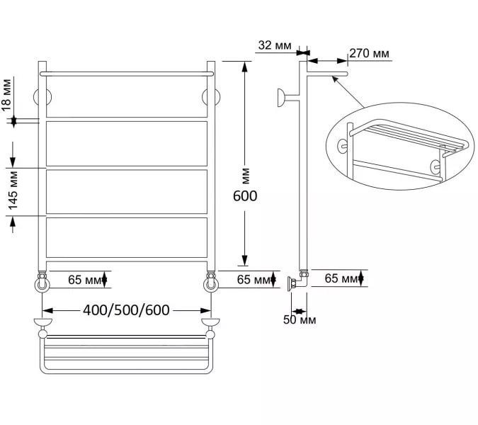 Полотенцесушитель латунный Secado Триада 4 с полочкой, водяной, бронза, Выбрать размер: 40х60, изображение 2
