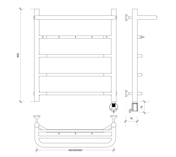 Полотенцесушитель Secado Агата 1 КСП , с крючками и полочкой, электрический L/R хром, Выбрать размер: 40х60, Ориентация: левая, изображение 6