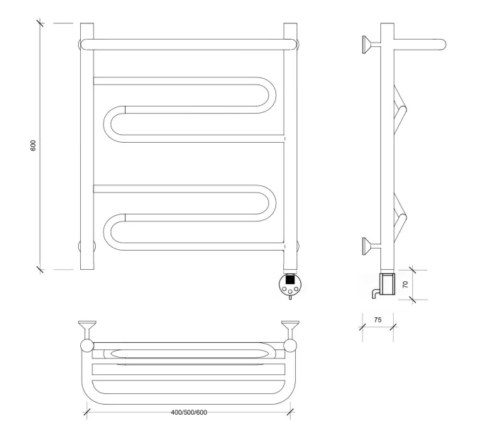 Полотенцесушитель Secado Валенсия 1 СП с полочкой , электрический L/R  хром, Выбрать размер: 40х60, Ориентация: левая, изображение 6