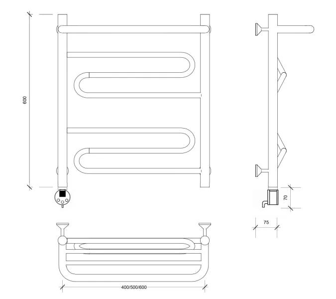 Полотенцесушитель Secado Валенсия 1 СП с полочкой , электрический L/R  хром, Выбрать размер: 40х60, Ориентация: левая, изображение 5
