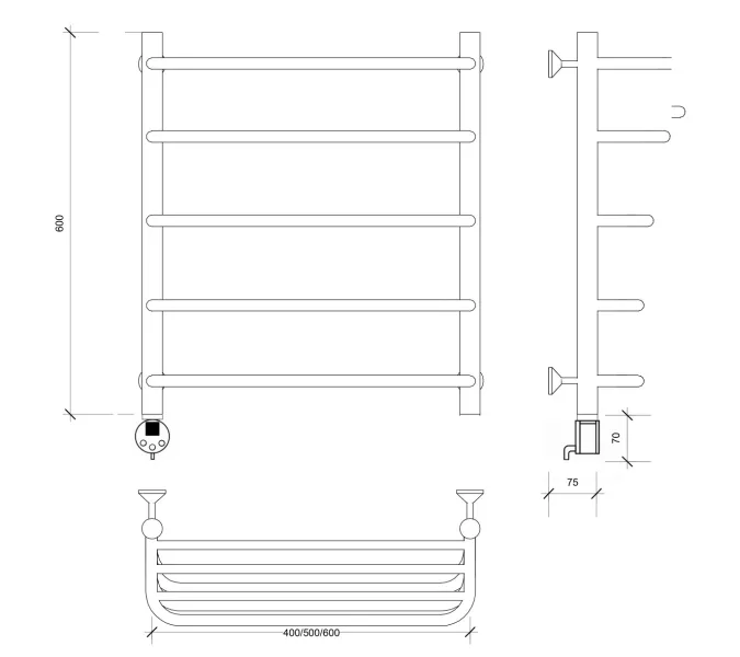 Полотенцесушитель Secado Мерида 2 СП, с полочкой, электрический L/R  хром, Выбрать размер: 40х60, Ориентация: левая, изображение 5