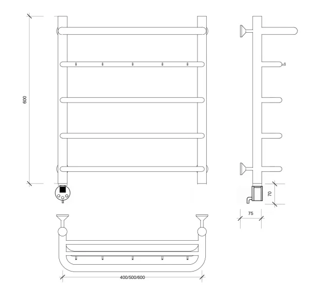 Полотенцесушитель Secado Мерида 1 КСП , с крючками и полочкой, электрический L/R хром, Выбрать размер: 40х60, Ориентация: левая, изображение 3