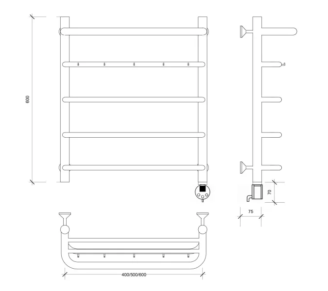 Полотенцесушитель Secado Мерида 1 КСП , с крючками и полочкой, электрический L/R хром, Выбрать размер: 40х60, Ориентация: левая, изображение 4