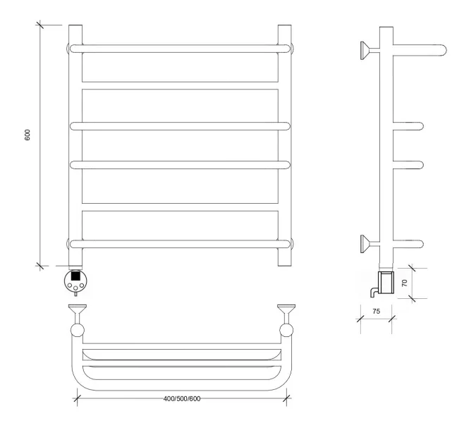 Полотенцесушитель Secado Верона 2 с полочкой,  электрический L/R хром, Выбрать размер: 40х60, Ориентация: левая, изображение 6