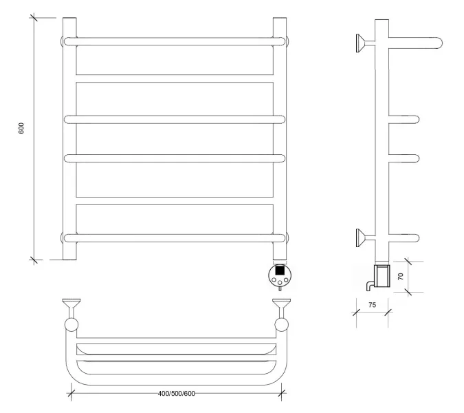 Полотенцесушитель Secado Верона 2 с полочкой,  электрический L/R хром, Выбрать размер: 40х60, Ориентация: левая, изображение 7
