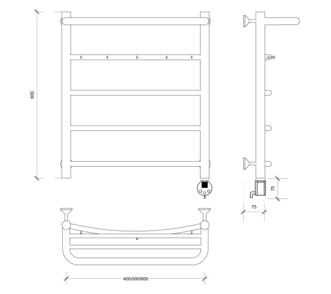 Полотенцесушитель Secado Милан 1 КСП , с крючками и полочкой,  электрический L/R хром, Выбрать размер: 40х60, Ориентация: левая, изображение 6