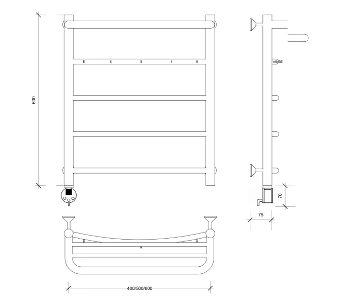 Полотенцесушитель Secado Милан 1 КСП , с крючками и полочкой,  электрический L/R хром, Выбрать размер: 40х60, Ориентация: левая, изображение 5