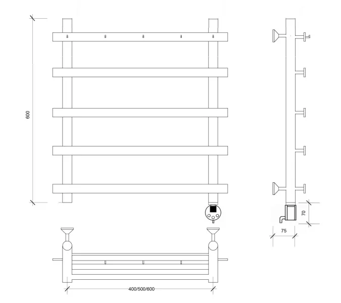 Полотенцесушитель Secado Понтида 1 К , с крючками, электрический L/R хром, Выбрать размер: 50х60, Ориентация: левая, изображение 6