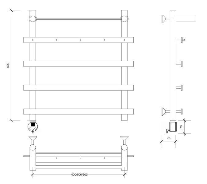 Полотенцесушитель Secado Понтида 1 КСП ,с крючками и полочкой, электрический L/R хром, Выбрать размер: 50х60, Ориентация: левая, изображение 6
