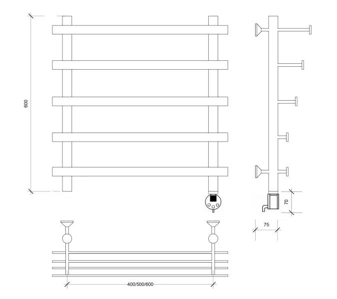 Полотенцесушитель Secado Понтида 7 СП , с полочкой, электрический L/R  хром, Выбрать размер: 50х60, Ориентация: левая, изображение 6