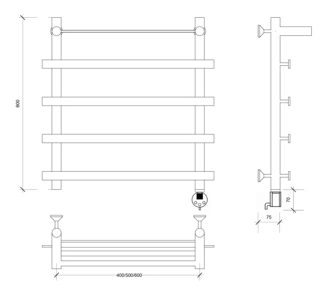 Полотенцесушитель Secado Понтида 1 СП с полочкой, электрический L/R  хром, Выбрать размер: 50х60, Ориентация: левая, изображение 6
