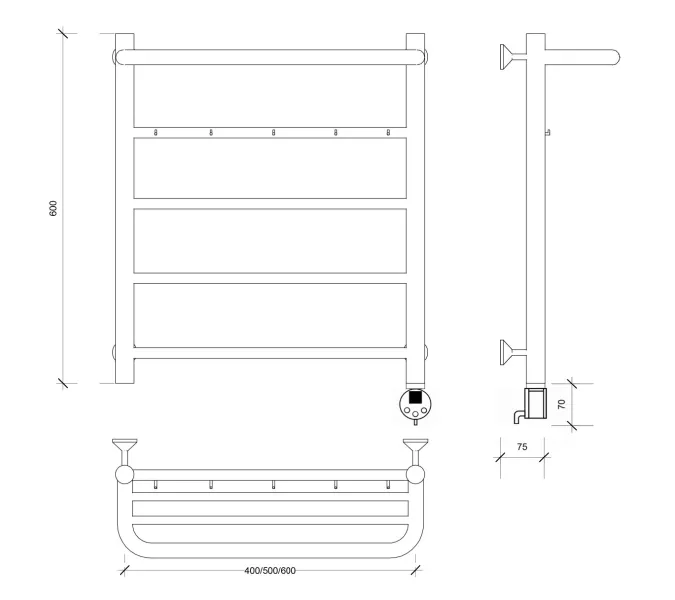 Полотенцесушитель Secado Триада 1 КСП , с крючками и полочкой , электрический L/R хром, Выбрать размер: 40х60, Ориентация: левая, изображение 8