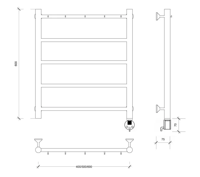 Полотенцесушитель Secado Триада 1 К , с крючками , электрический L/R хром, Выбрать размер: 40х60, Ориентация: левая, изображение 6