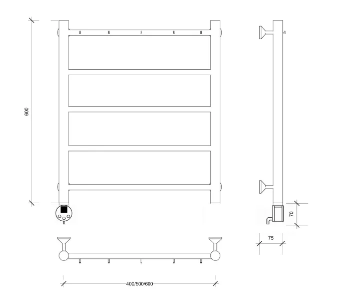 Полотенцесушитель Secado Триада 1 К , с крючками , электрический L/R хром, Выбрать размер: 40х60, Ориентация: левая, изображение 5
