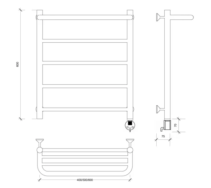 Полотенцесушитель Secado Триада 1 СП , с полочкой , электрический L/R хром, Выбрать размер: 40х60, Ориентация: левая, изображение 6