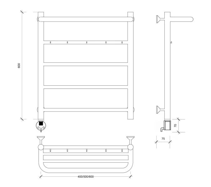 Полотенцесушитель Secado Триада 1 КСП , с крючками и полочкой , электрический L/R хром, Выбрать размер: 40х60, Ориентация: левая, изображение 7