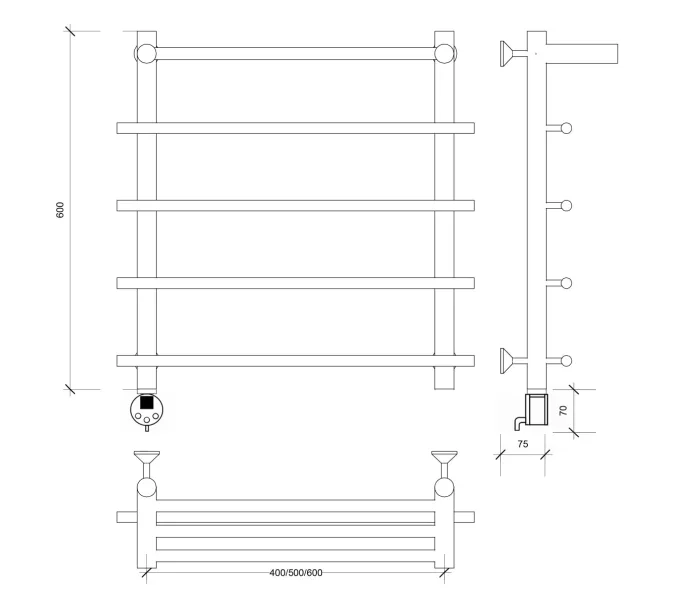 Полотенцесушитель Secado Турин 1 СП , с полочкой, электрический L/R хром, Выбрать размер: 50х60, Ориентация: левая, изображение 5