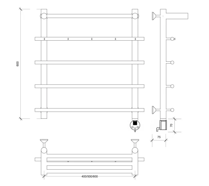 Полотенцесушитель Secado Турин 1 КСП, с крючками и полочкой,  электрический L/R  хром, Выбрать размер: 50х60, Ориентация: левая, изображение 8