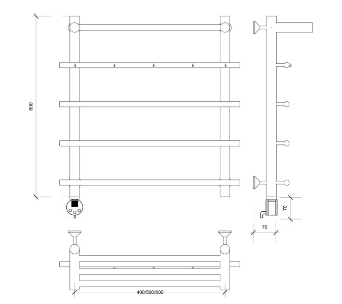 Полотенцесушитель Secado Турин 1 КСП, с крючками и полочкой,  электрический L/R  хром, Выбрать размер: 50х60, Ориентация: левая, изображение 7