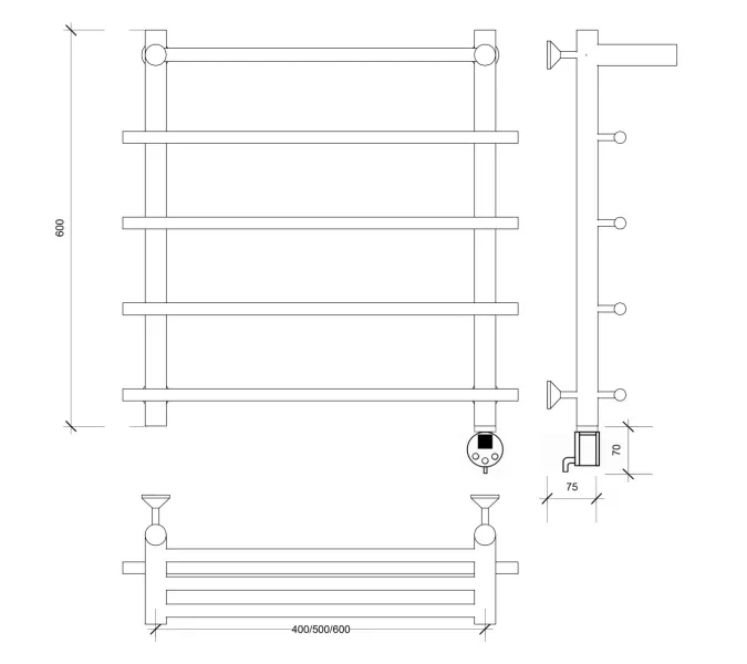 Полотенцесушитель Secado Турин 1 СП , с полочкой, электрический L/R хром, Выбрать размер: 50х60, Ориентация: левая, изображение 6