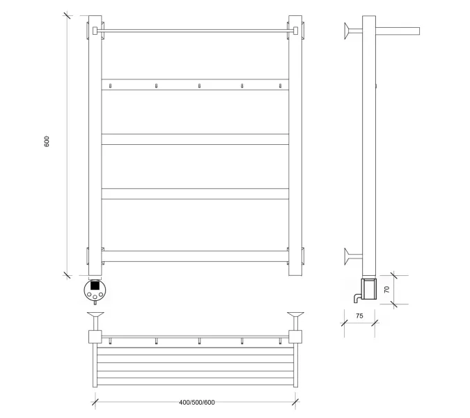 Полотенцесушитель Secado Корсико 1 КСП , с крючками и полочкой,  электрический L/R черный матовый, Выбрать размер: 40х60, Ориентация: левая, изображение 4