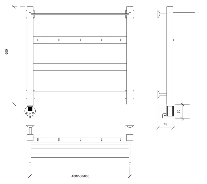 Полотенцесушитель Secado Комано 1 КСП, с крючками и полочкой , электрический L/R черный матовый, Выбрать размер: 40х60, Ориентация: левая, изображение 4