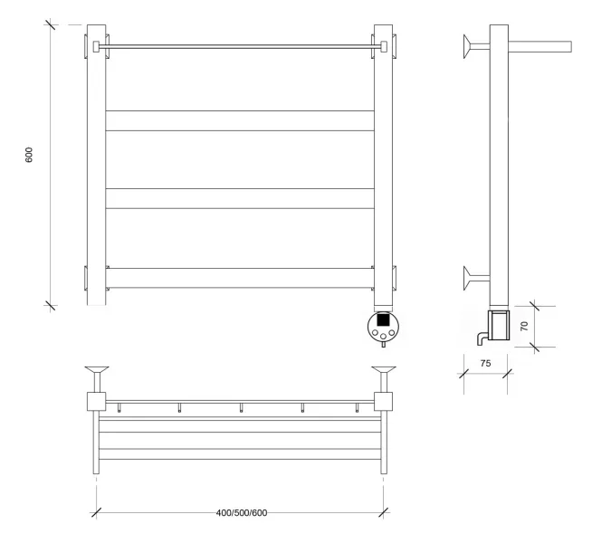 Полотенцесушитель Secado Комано 1 СП , с полочкой, электрический L/R черный матовый, Выбрать размер: 40х60, Ориентация: левая, изображение 5