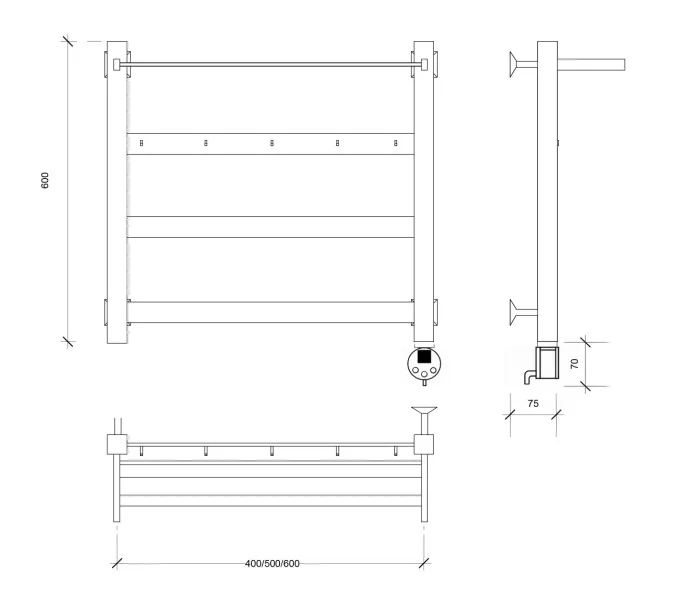 Полотенцесушитель Secado Комано 1 КСП , с крючками и полочкой, электрический L/R  хром, Выбрать размер: 40х60, Ориентация: левая, изображение 5