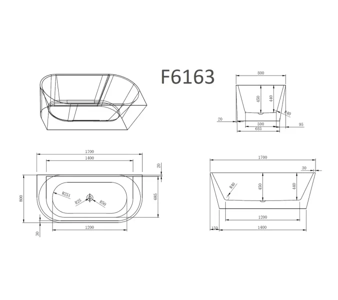 Ванна акриловая Frank F6163 White/Black 170х80, Выбрать цвет: Белый / Черный, изображение 10